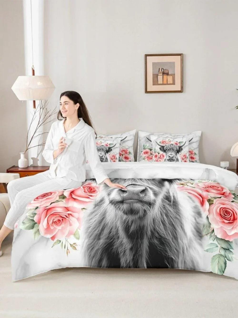 Highland Cow Flower Full Comforter Set with Sheets 7 Piece Rose Grey Marble Bed